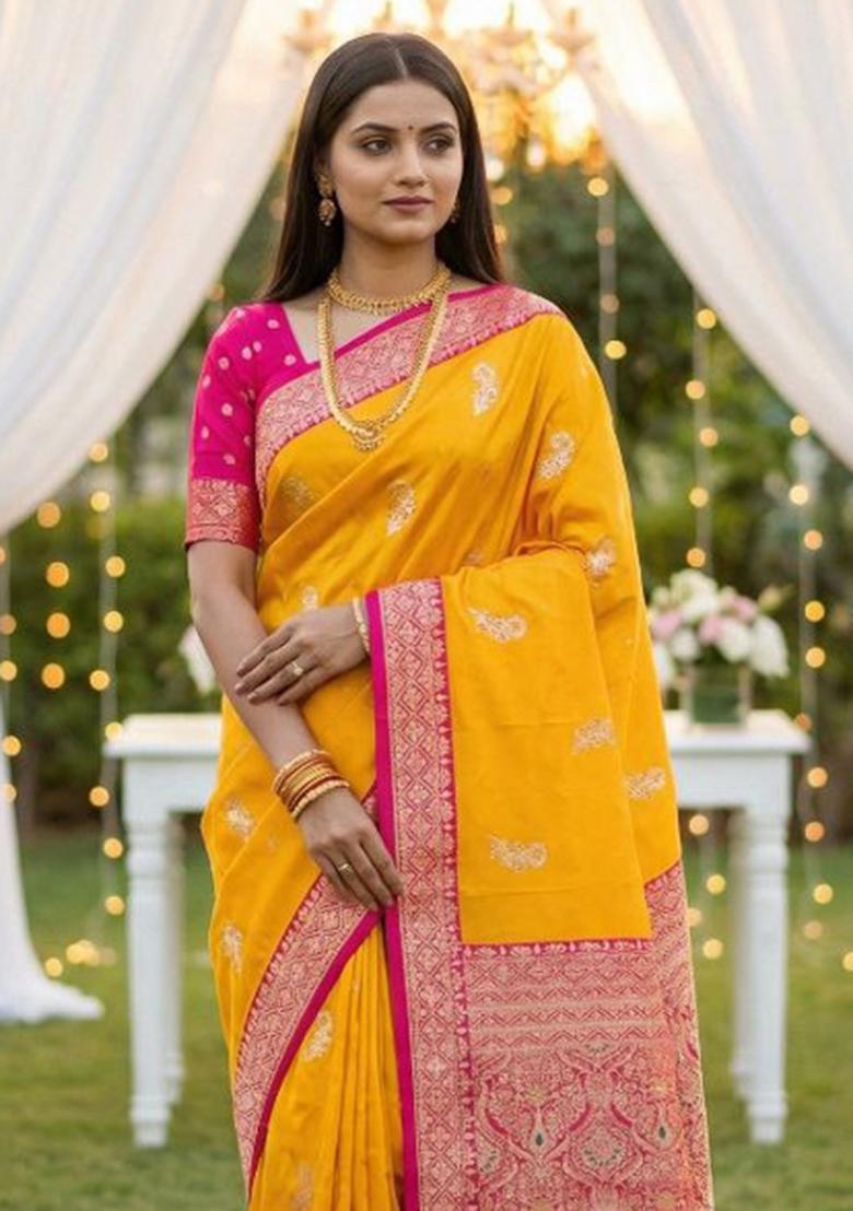 Yellow Zari Work Banarasi Saree Set - Indya