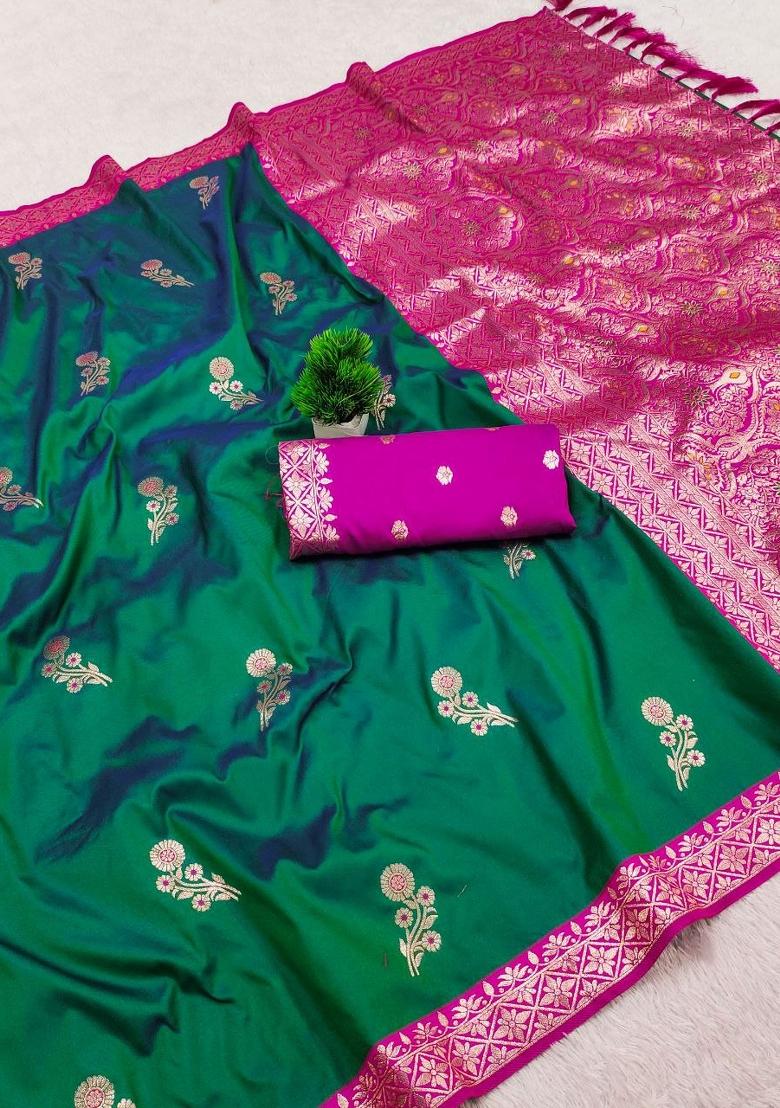 Sea Green Zari Work Banarasi Saree Set - Indya