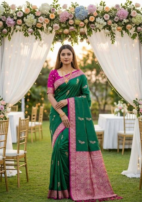 Sea Green Zari Work Banarasi Saree Set — view on Indya