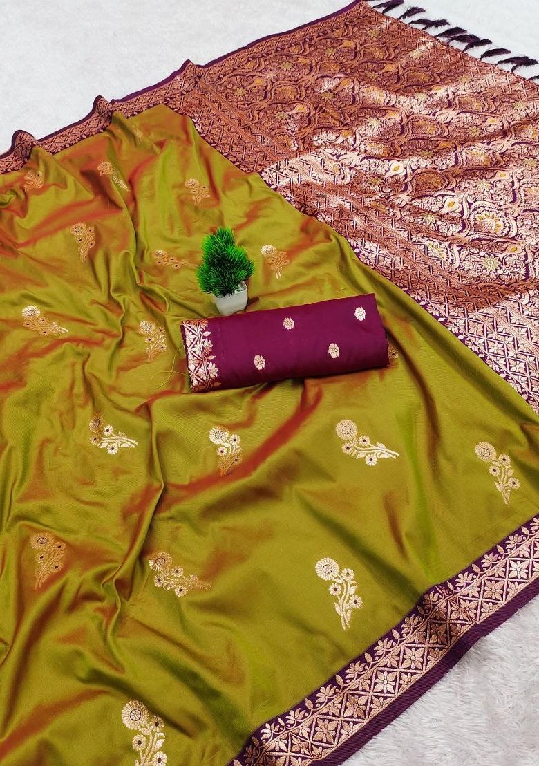 Olive Zari Work Banarasi Saree Set - Indya