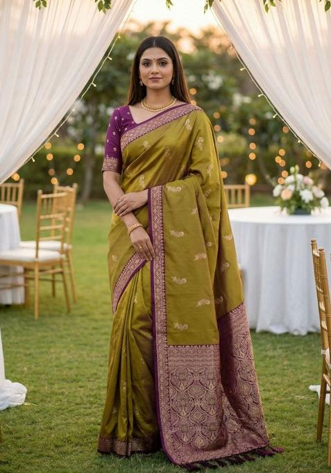 Olive Zari Work Banarasi Saree Set