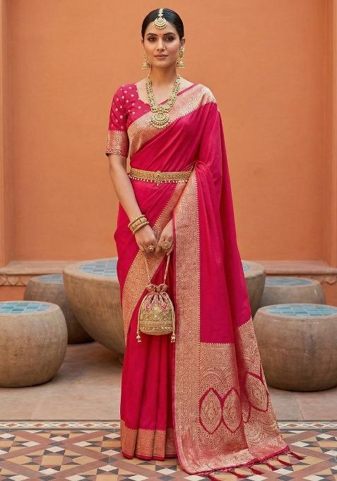 Pink Zari Work Banarasi Saree Set