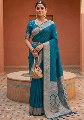 Teal Zari Work Banarasi Saree Set