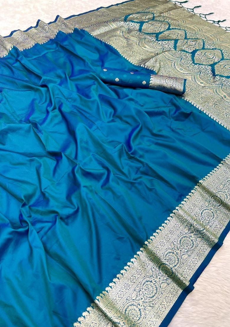Teal Zari Work Banarasi Saree Set - Indya