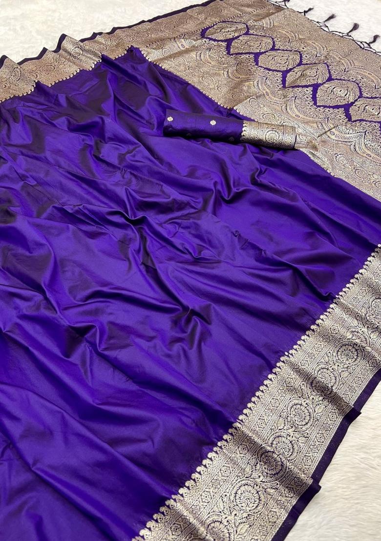 Violet Zari Work Banarasi Saree Set - Indya