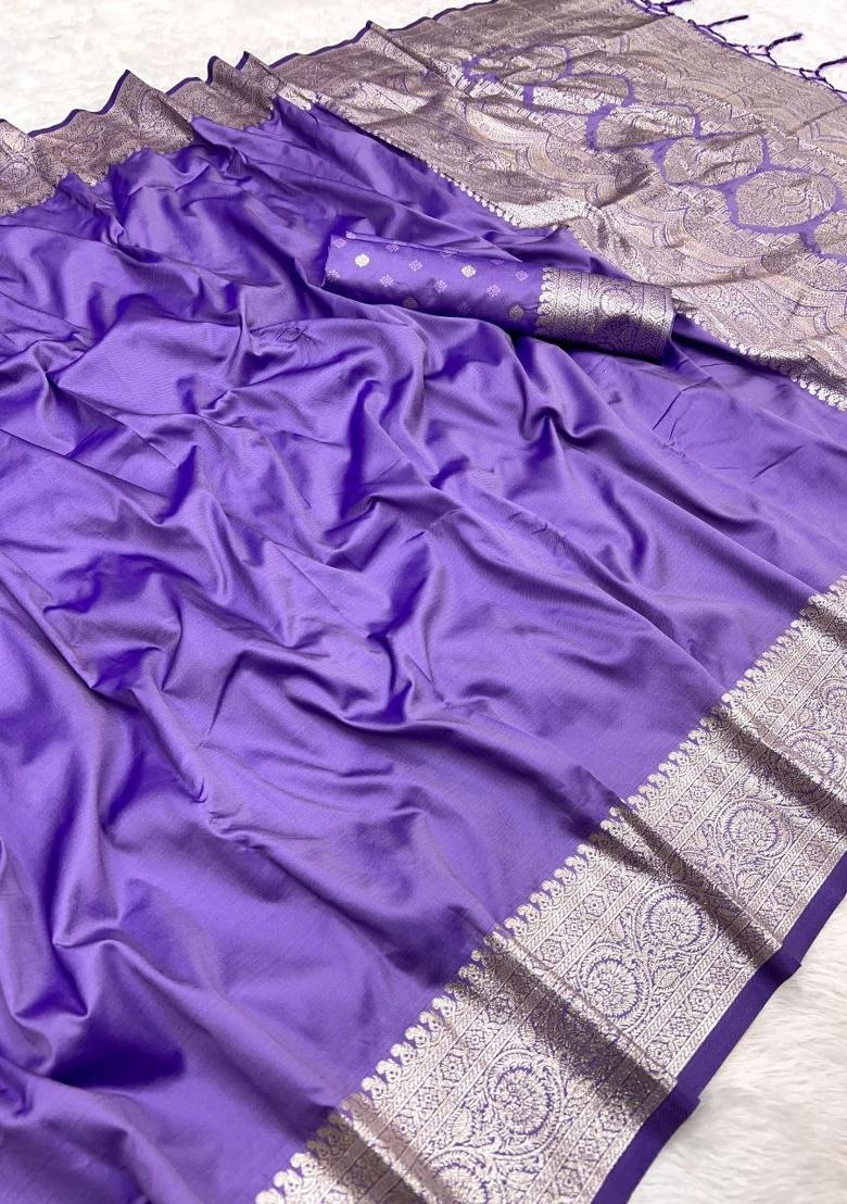 Lavender Zari Work Banarasi Saree Set - Indya