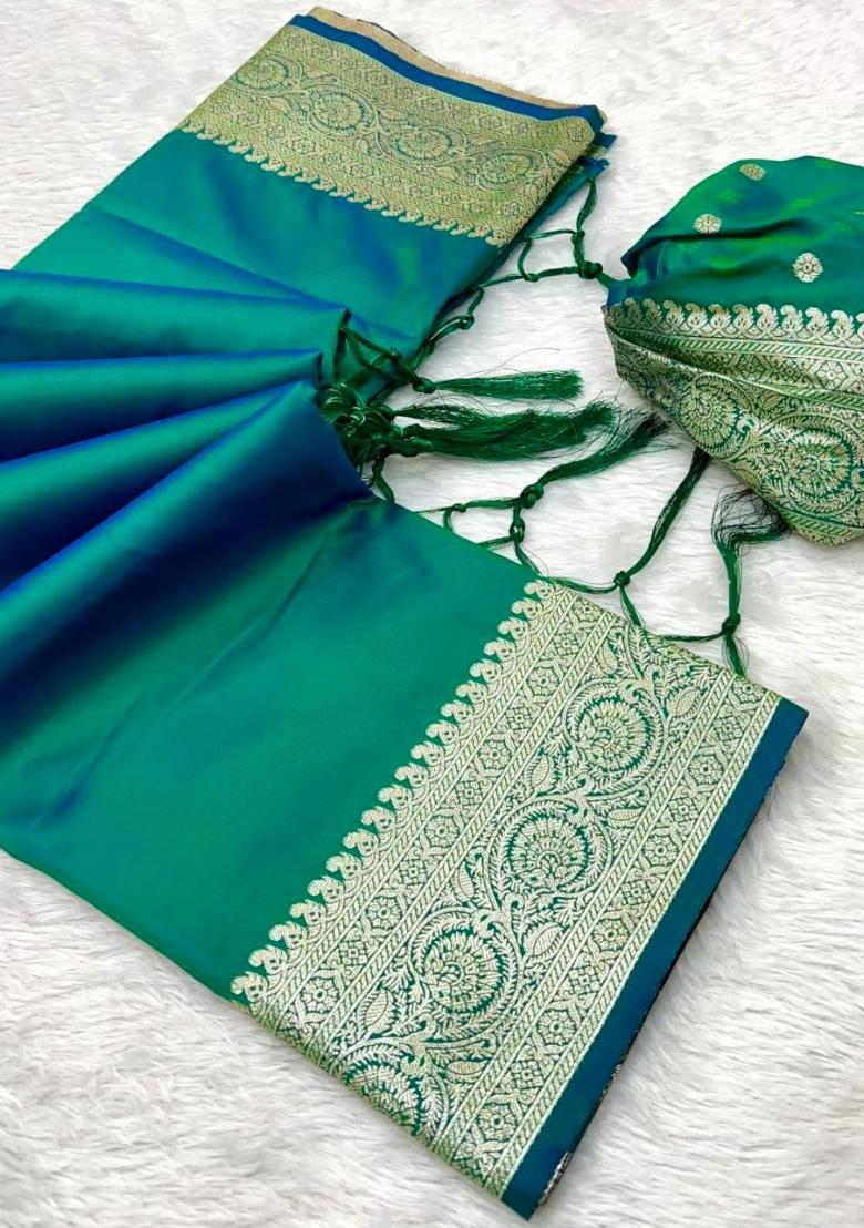 Sea Green Zari Work Banarasi Saree Set - Indya