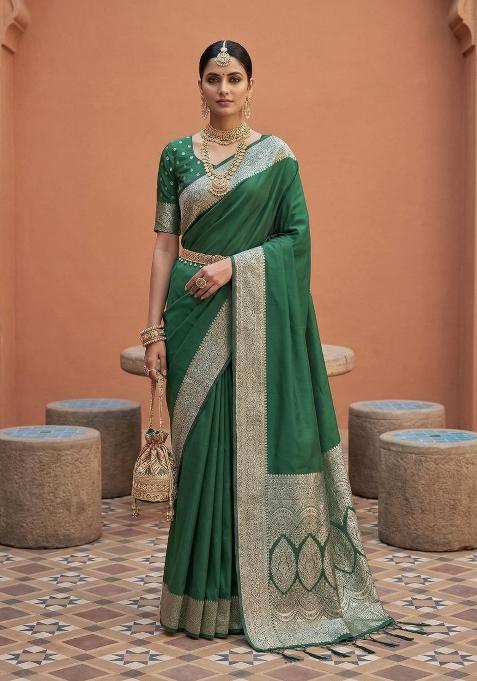 Sea Green Zari Work Banarasi Saree Set — view on Indya