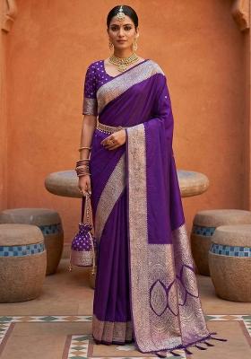 Purple Zari Work Banarasi Saree Set