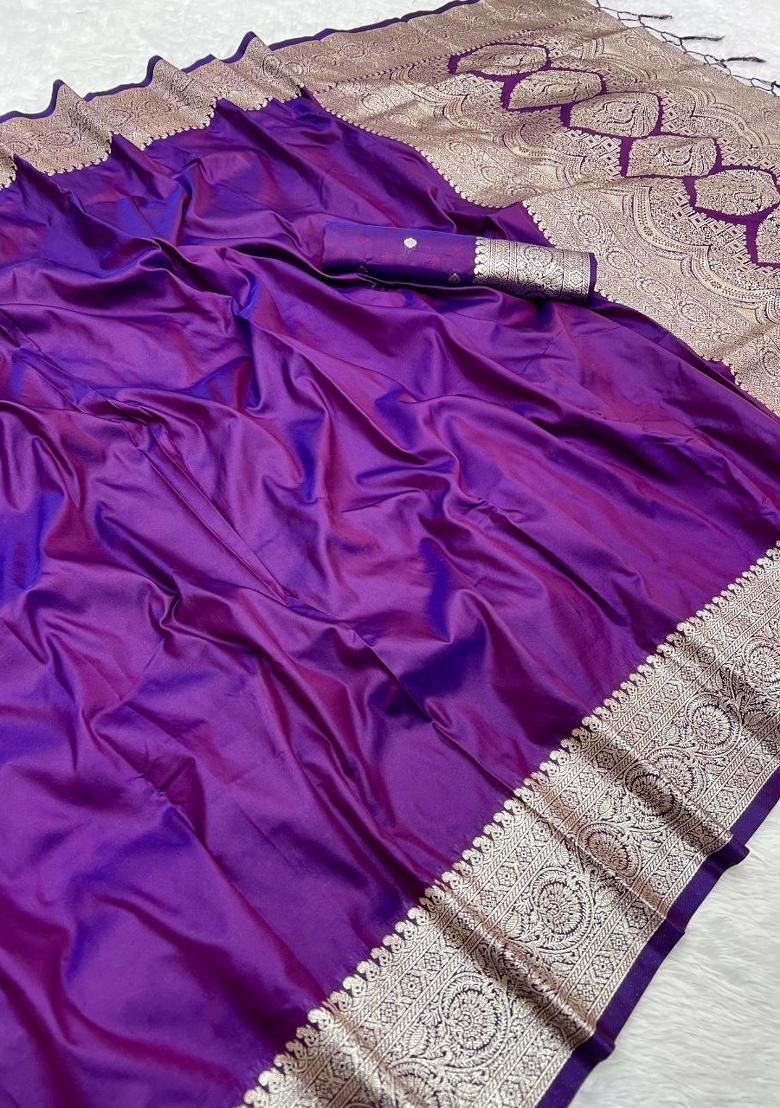 Purple Zari Work Banarasi Saree Set - Indya