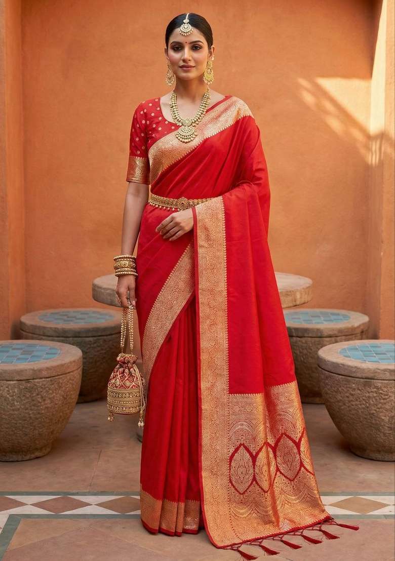 Red Zari Work Banarasi Saree Set for Diwali and Festive Wear - Indya