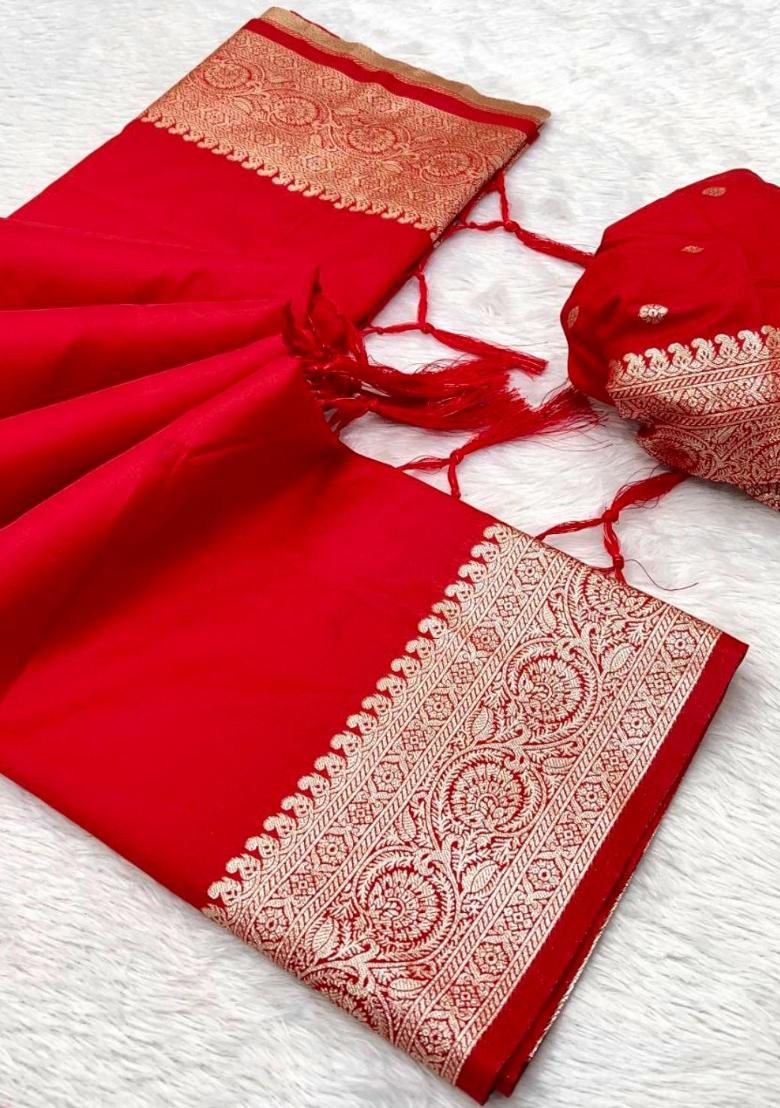 Red Zari Work Banarasi Saree Set - Indya