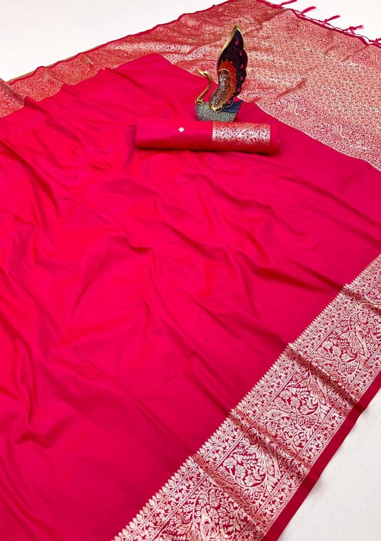 Pink Zari Work Banarasi Saree Set - Indya