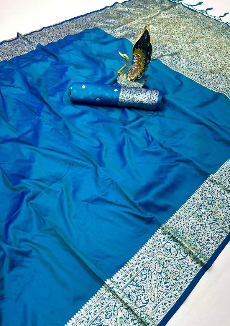 Teal Zari Work Banarasi Saree Set - Indya