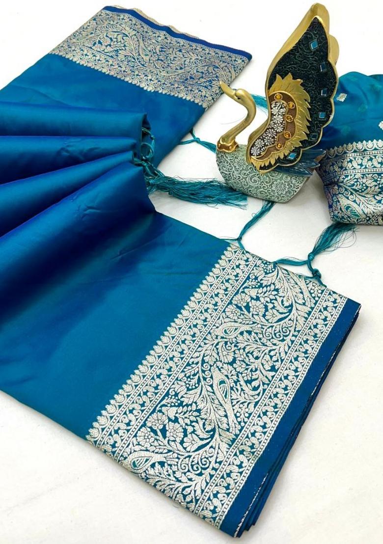 Teal Zari Work Banarasi Saree Set - Indya