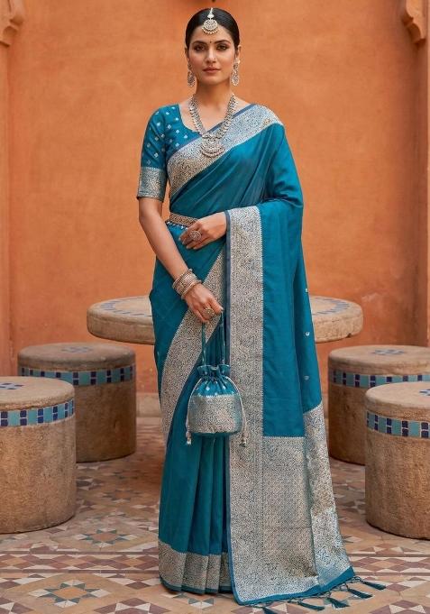 Teal Zari Work Banarasi Saree Set