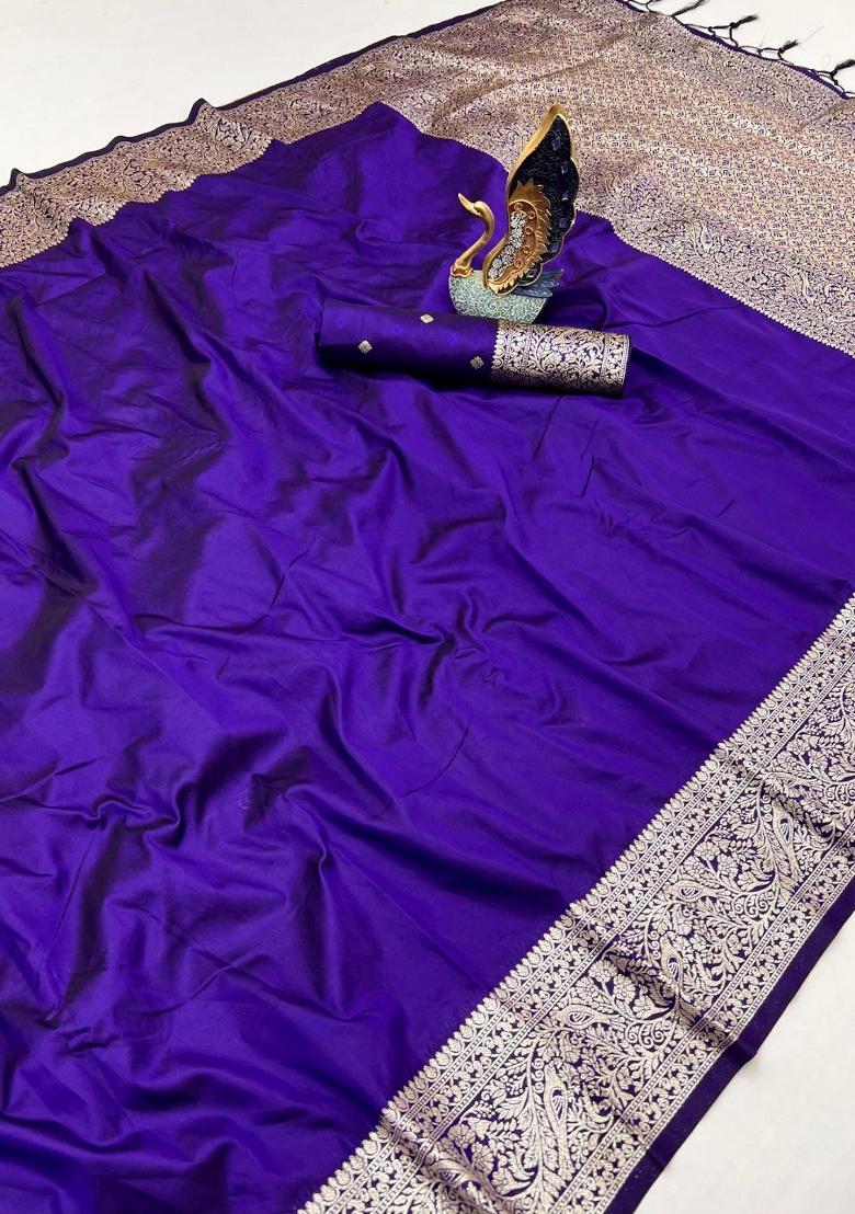 Violet Zari Work Banarasi Saree Set - Indya
