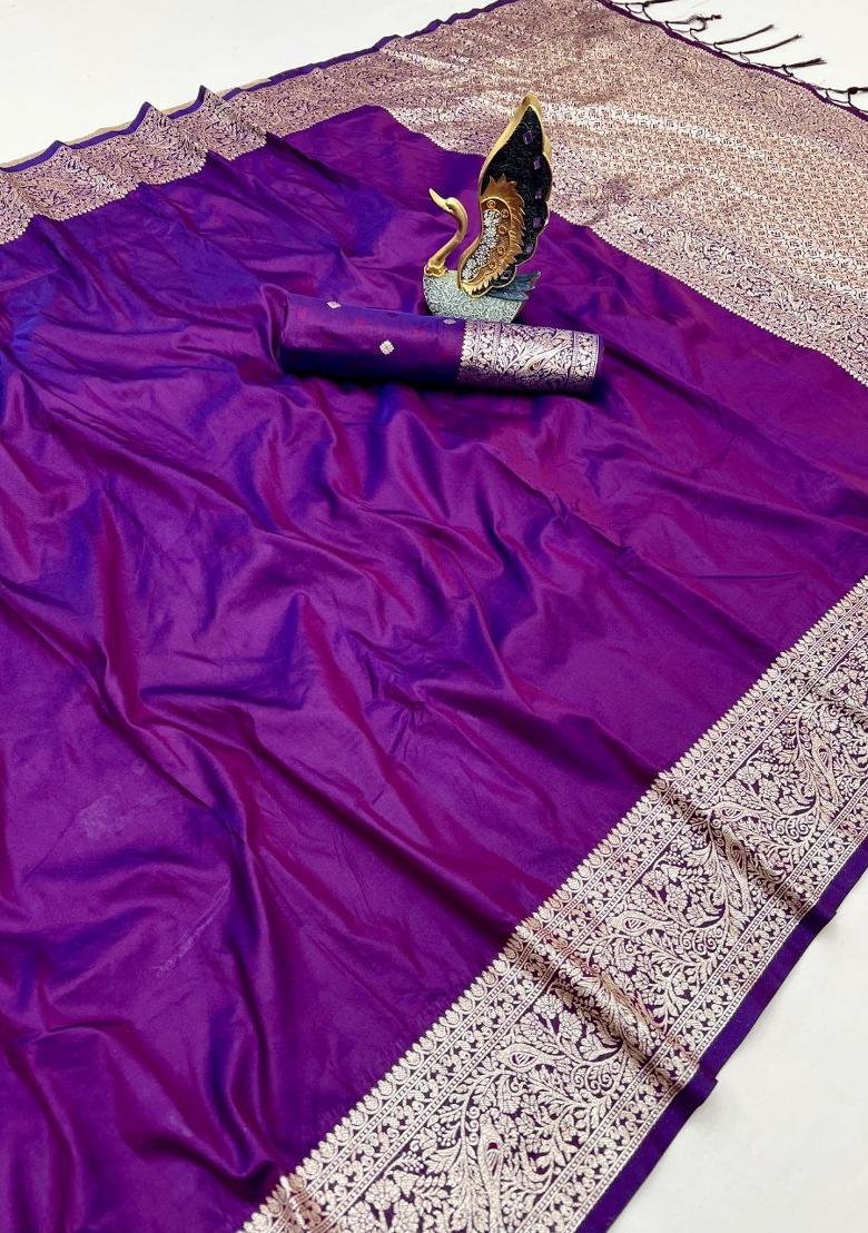 Purple Zari Work Banarasi Saree Set - Indya