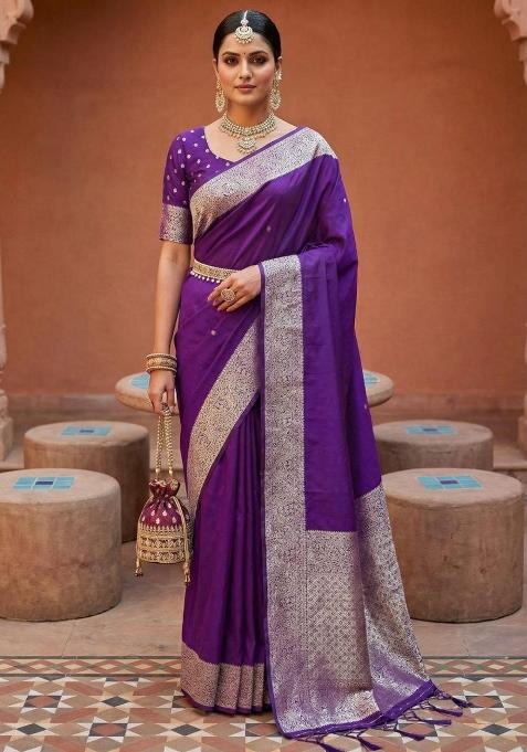 Purple Zari Work Banarasi Saree Set