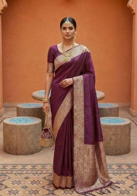 Wine Zari Work Banarasi Saree Set