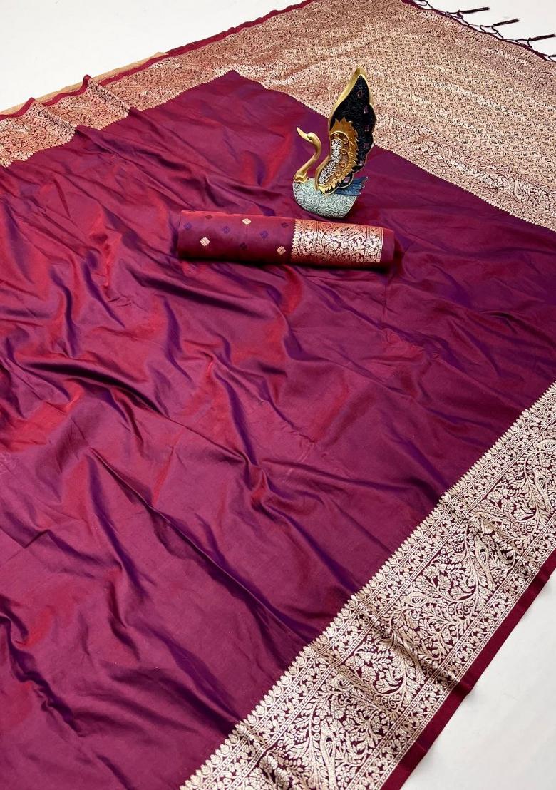 Wine Zari Work Banarasi Saree Set - Indya