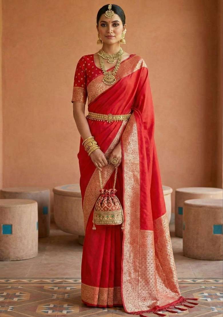Red Zari Work Banarasi Saree Set for Diwali and Festive Wear - Indya