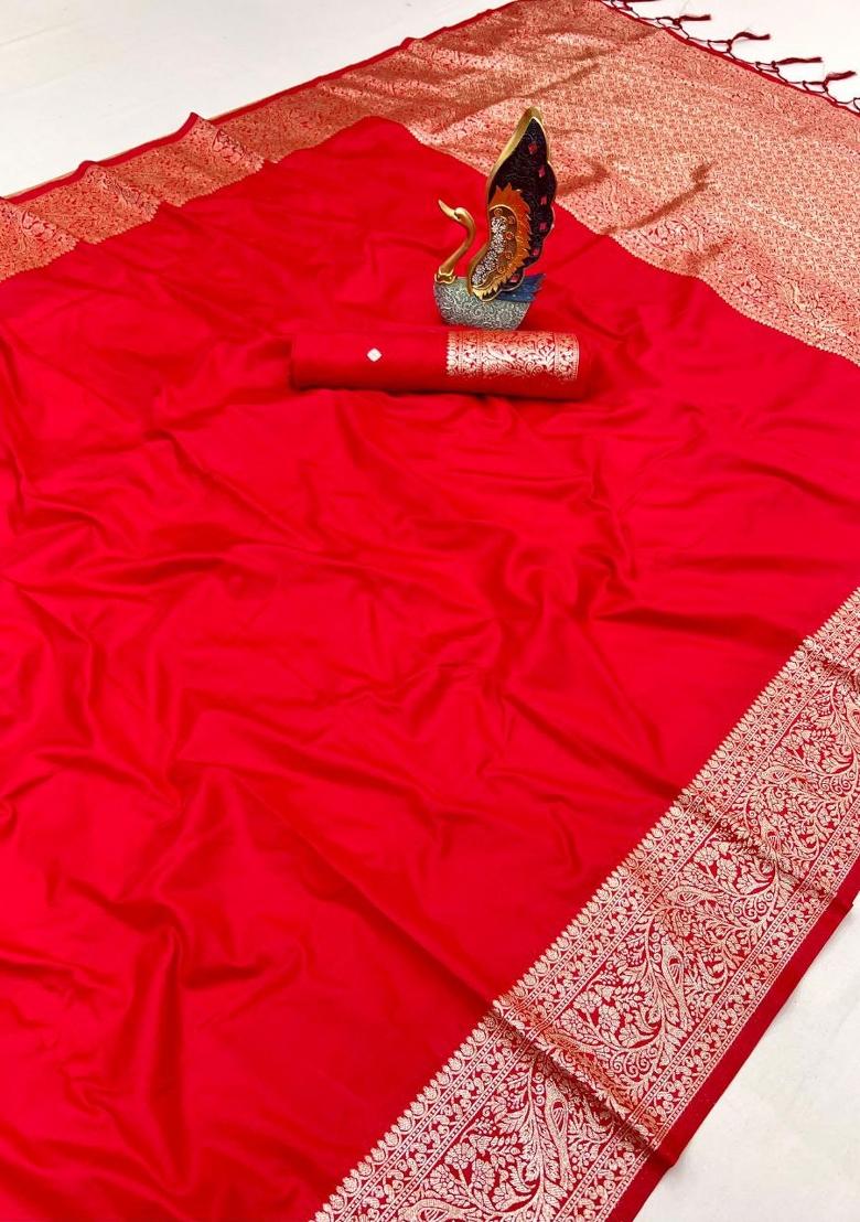 Red Zari Work Banarasi Saree Set - Indya
