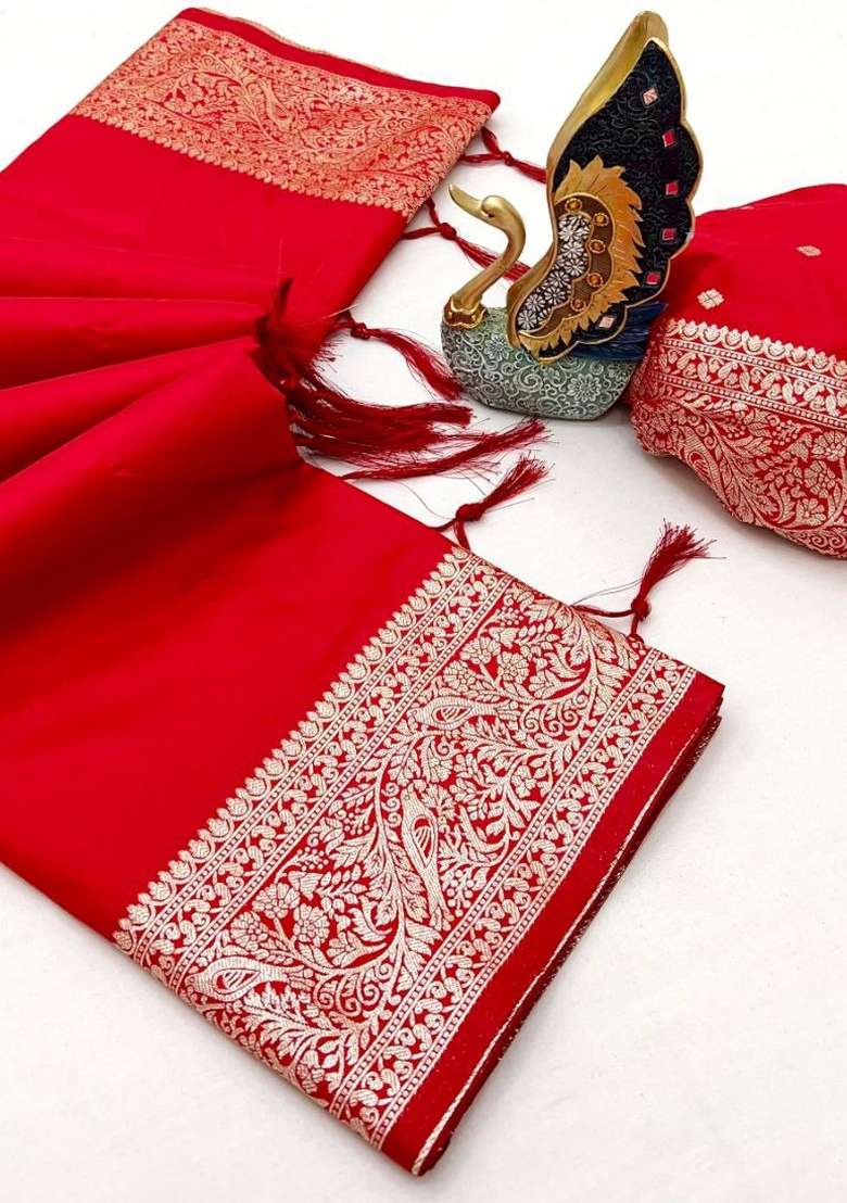 Red Zari Work Banarasi Saree Set for Diwali and Festive Wear - Indya