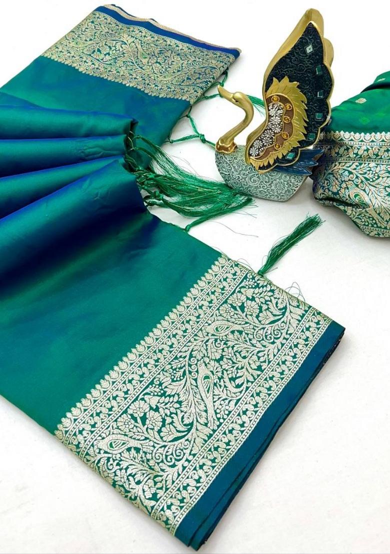 Sea Green Zari Work Banarasi Saree Set - Indya