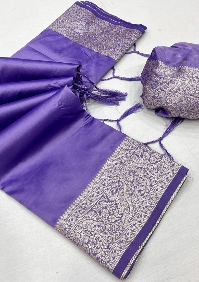 Lavender Zari Work Banarasi Saree Set - Indya