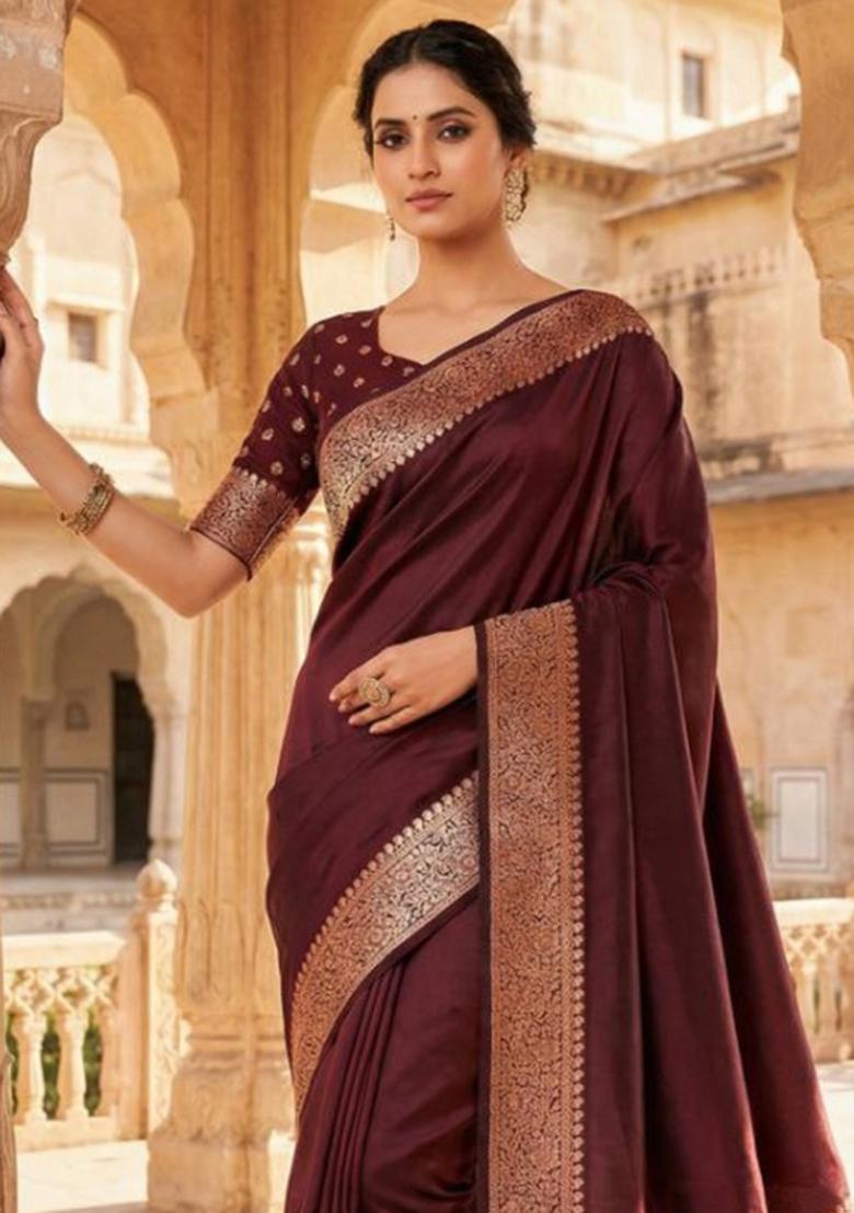 Coffee Zari Work Banarasi Saree Set - Indya