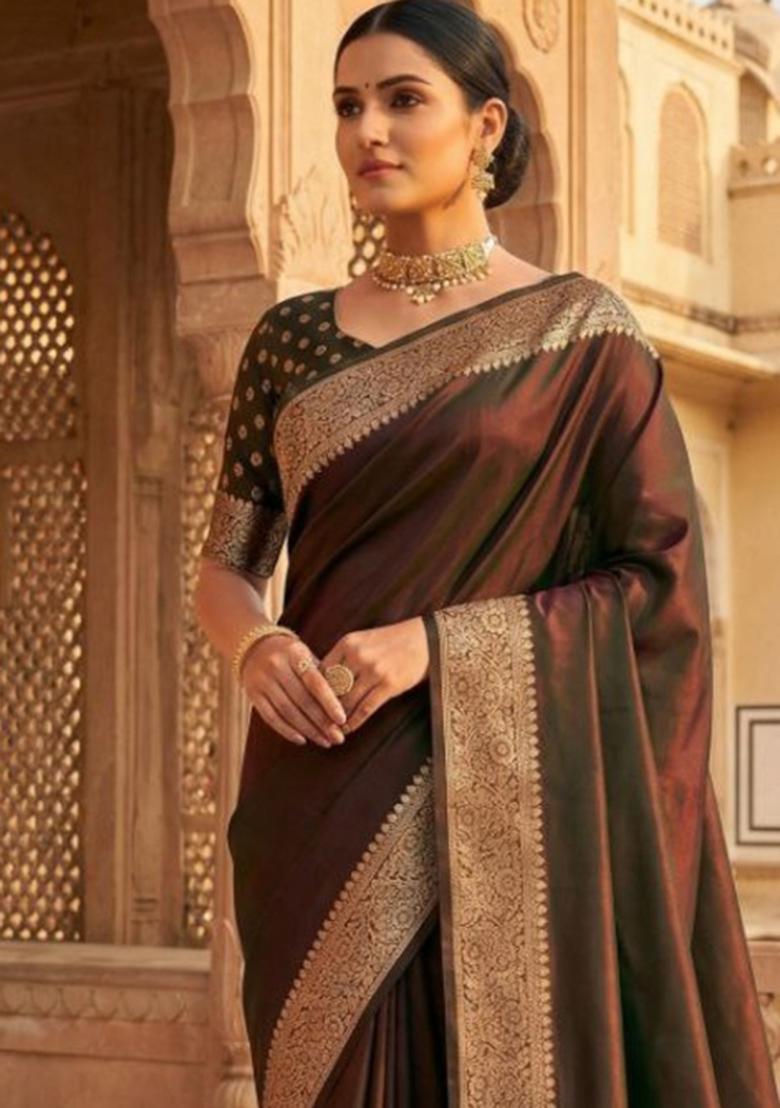 Brown Zari Work Banarasi Saree Set - Indya