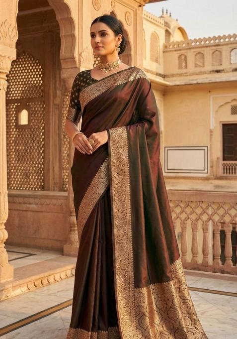 Brown Zari Work Banarasi Saree Set