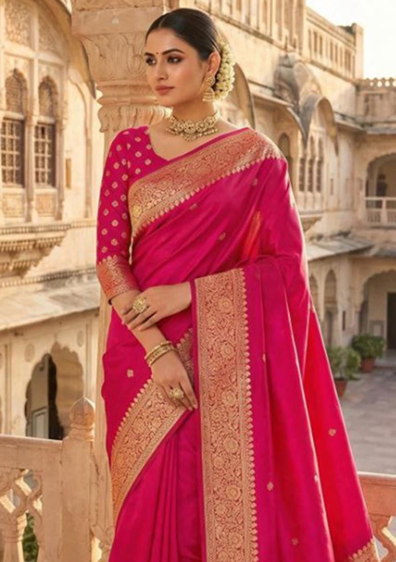Pink Zari Work Banarasi Saree Set - Indya