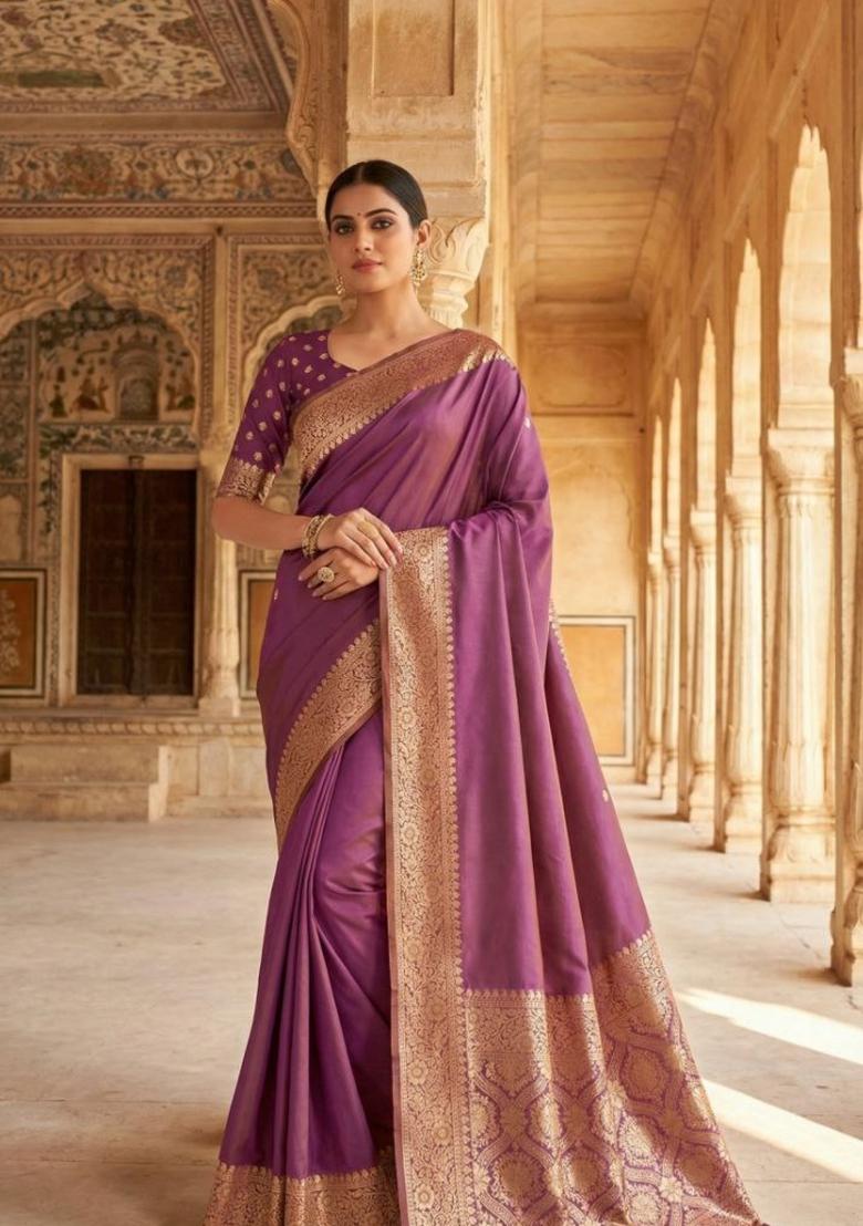 Lavender Zari Work Banarasi Saree Set - Indya
