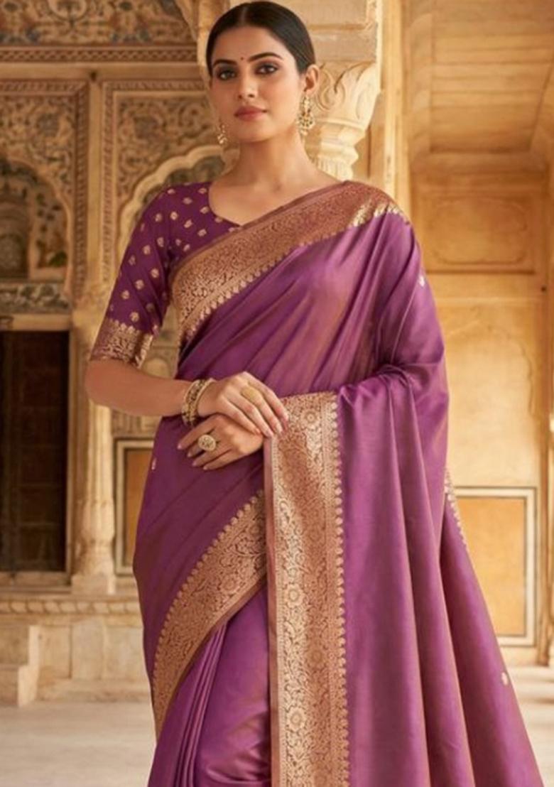 Lavender Zari Work Banarasi Saree Set - Indya