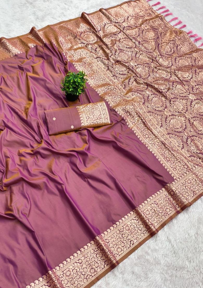 Lavender Zari Work Banarasi Saree Set - Indya