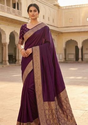 Wine Zari Work Banarasi Saree Set