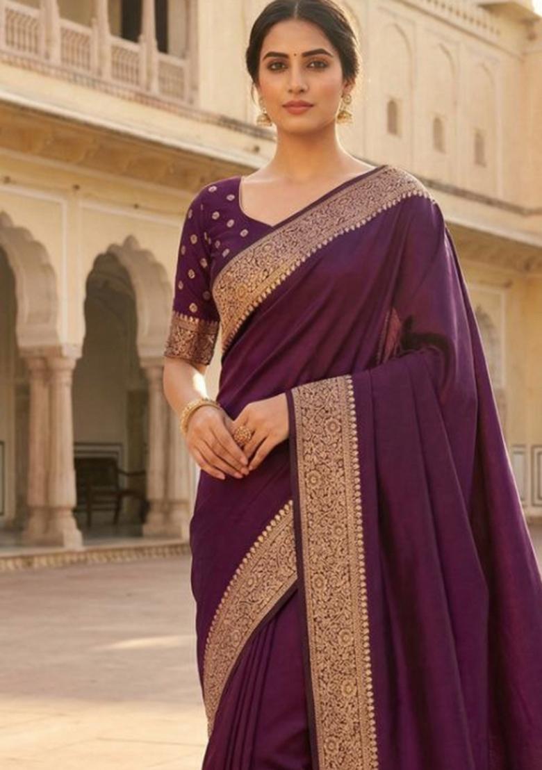 Wine Zari Work Banarasi Saree Set - Indya