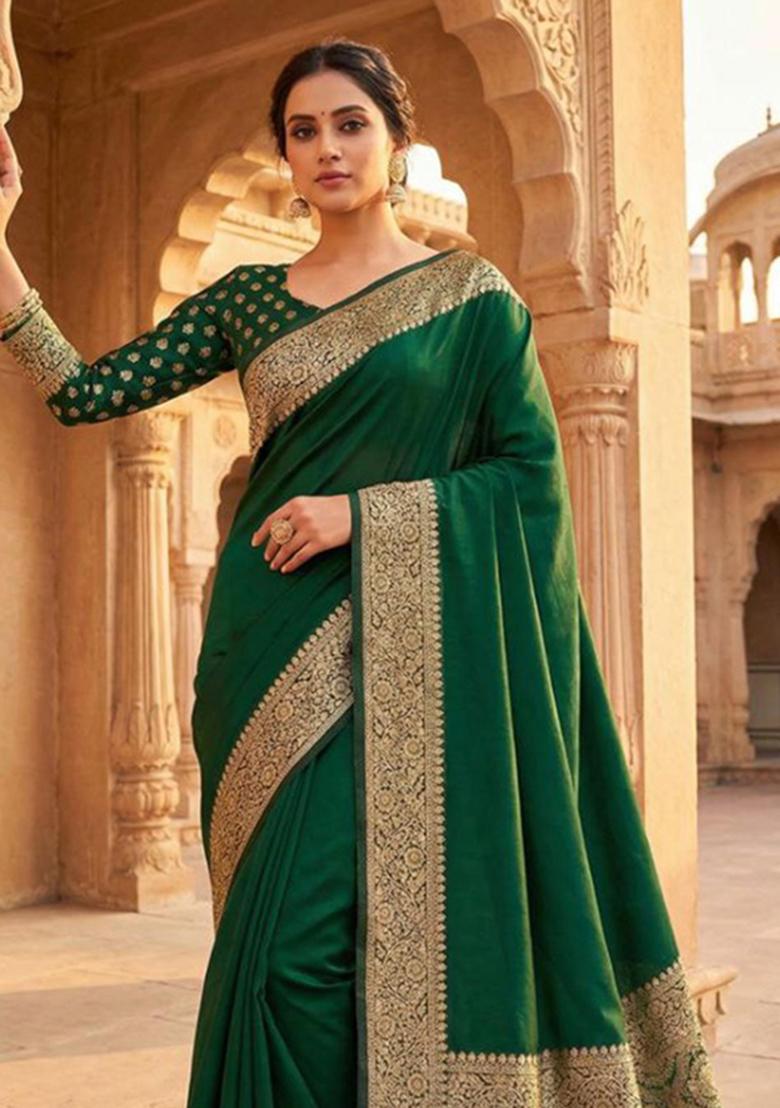 Green Zari Work Banarasi Saree Set - Indya