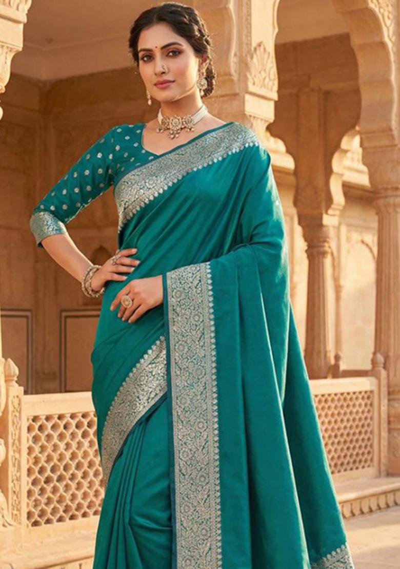 Sea Green Zari Work Banarasi Saree Set - Indya