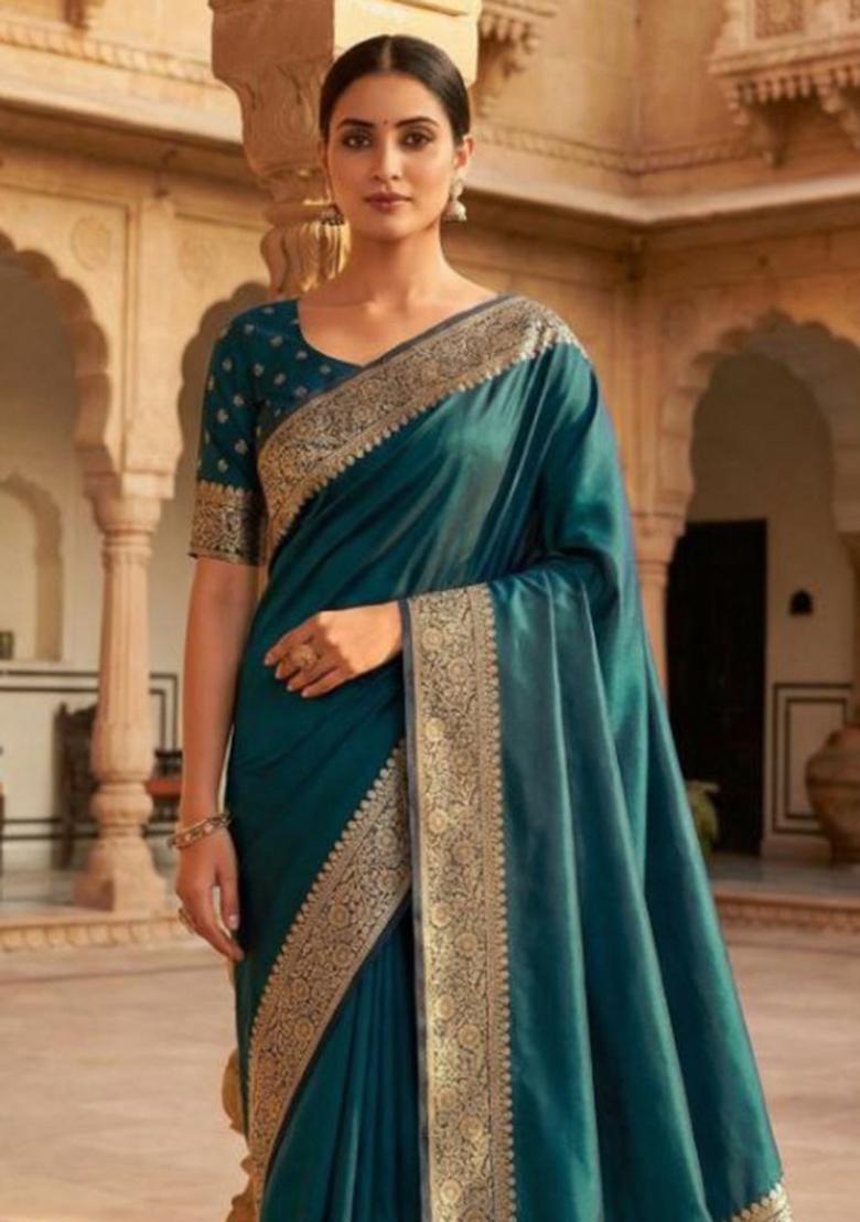 Teal Zari Work Banarasi Saree Set - Indya