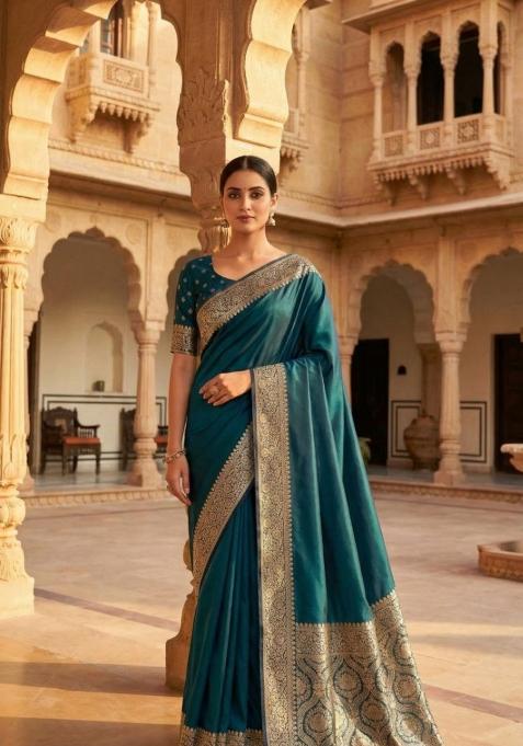 Teal Zari Work Banarasi Saree Set