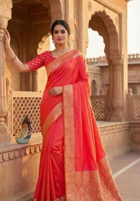 Peach Zari Work Banarasi Saree Set
