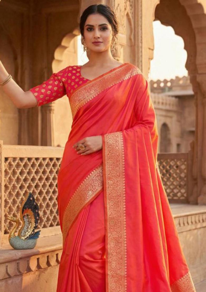 Peach Zari Work Banarasi Saree Set - Indya