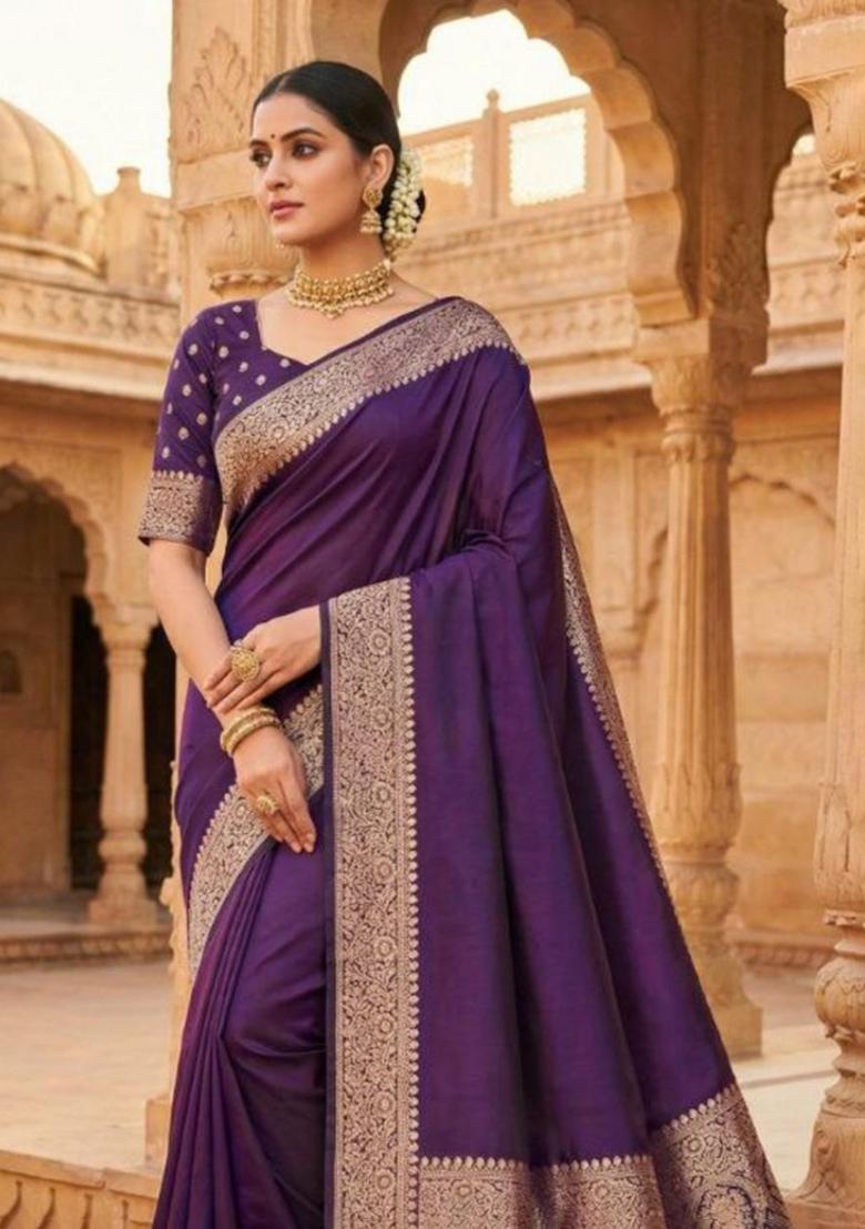 Purple Zari Work Banarasi Saree Set - Indya