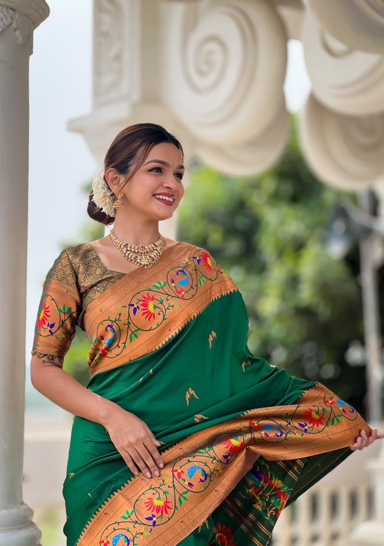 Green Zari Work Banarasi Saree Set - Indya