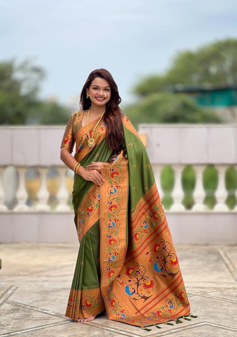 Dark Green Zari Work Banarasi Saree Set - Indya