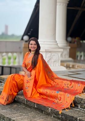 Orange Zari Work Banarasi Saree Set