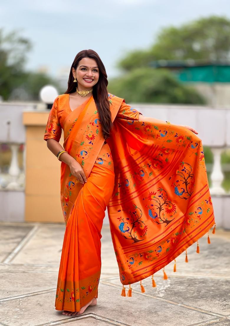 Orange Zari Work Banarasi Saree Set - Indya